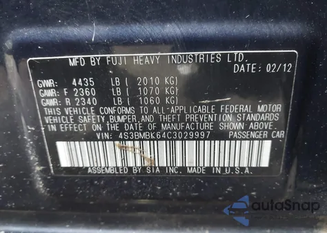 2012 Subaru Legacy 2.5I Limited из США, поврежденный, VIN 4S3BMBK64C3029997